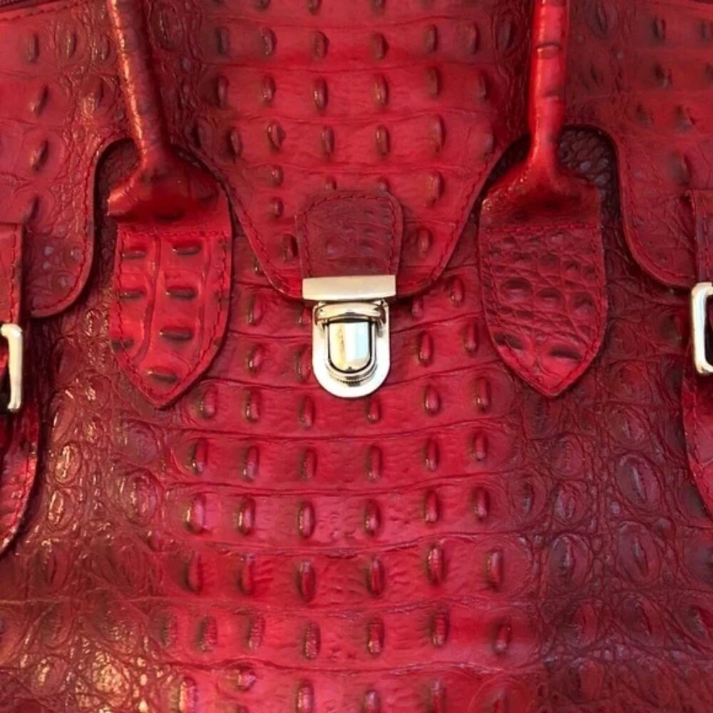 Vintage Italian Red Leather Alligator Embossed Handbag EPC